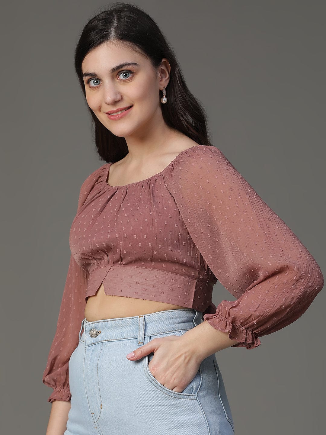 Mauve Dobby Print 3/4th Puff Sleeves Party Wear Top