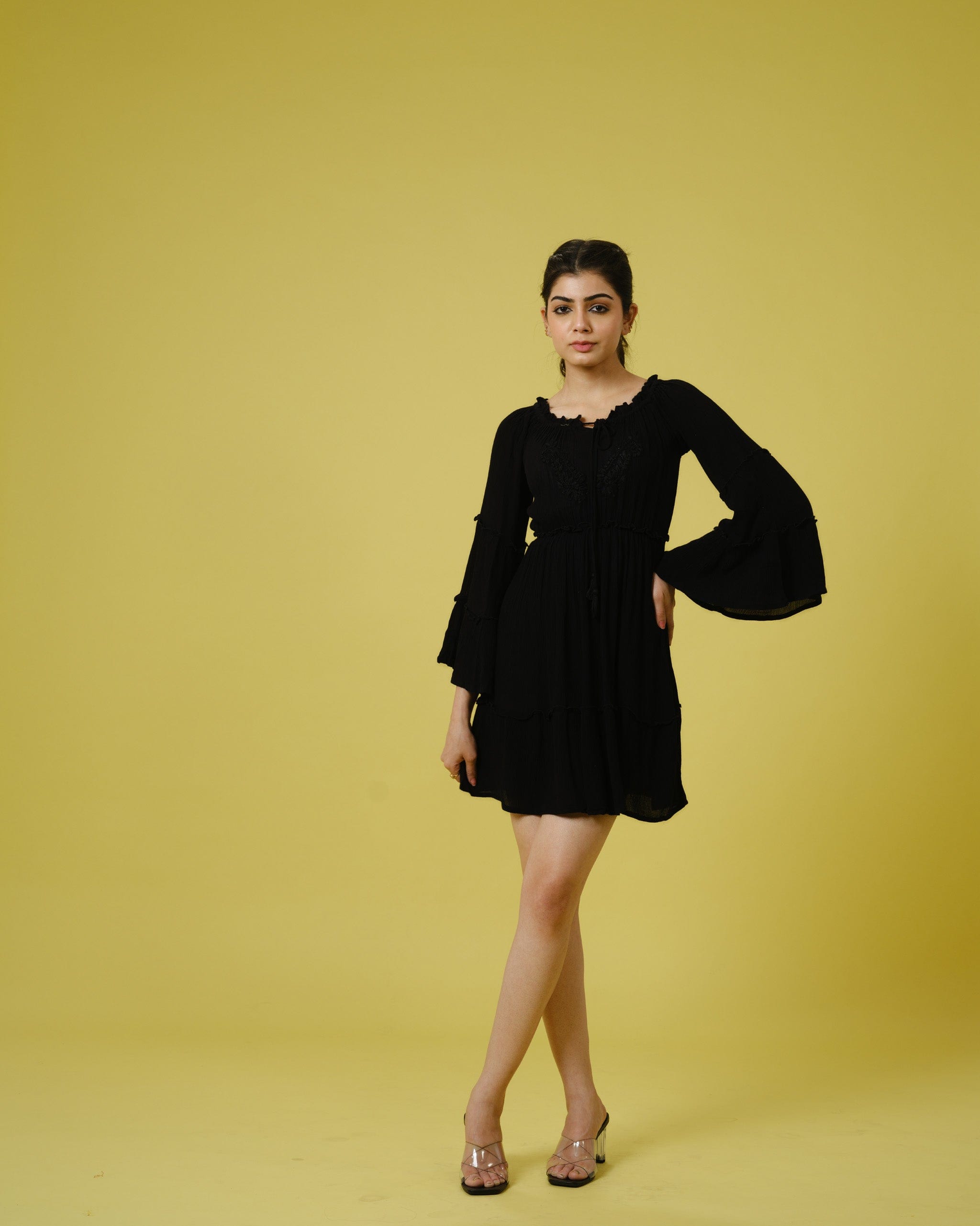 Black Full Sleeves Chiffon Tone on Embroidery Mid thigh Dress