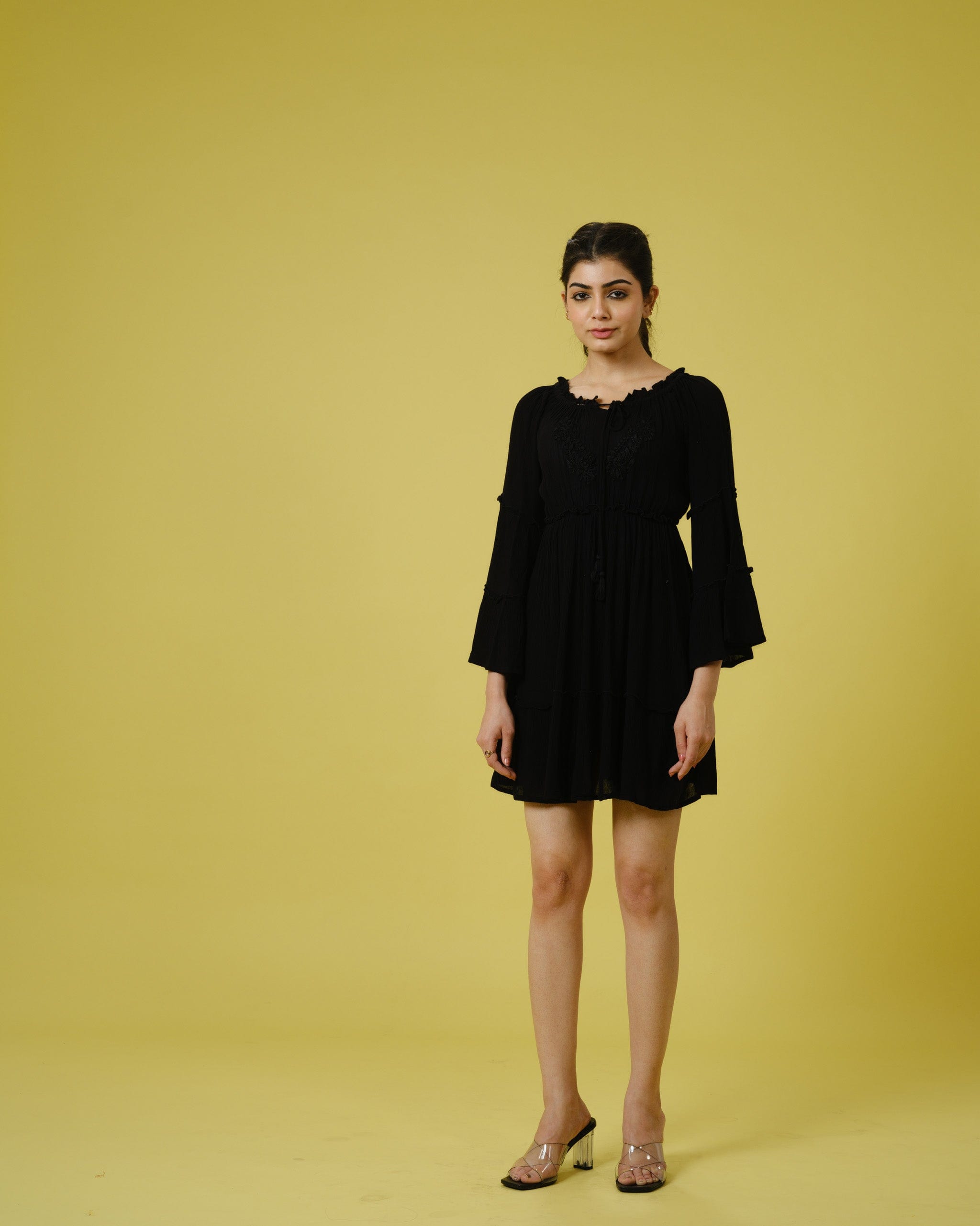 Black Full Sleeves Chiffon Tone on Embroidery Mid thigh Dress