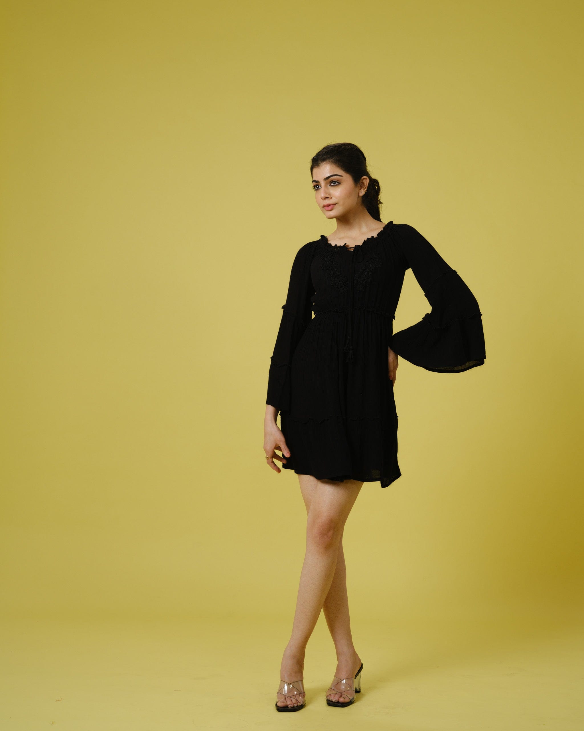 Black Full Sleeves Chiffon Tone on Embroidery Mid thigh Dress