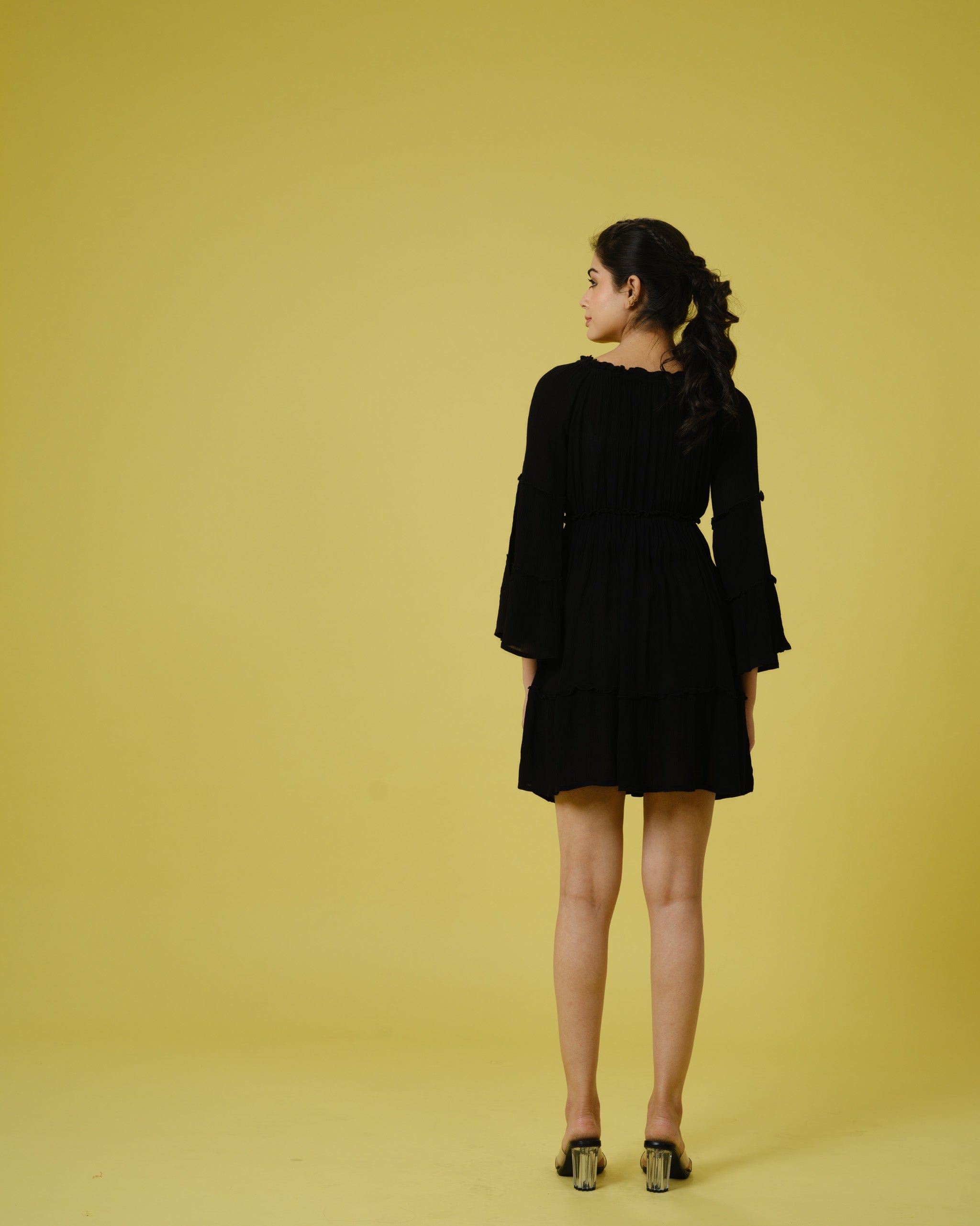 Black Full Sleeves Chiffon Tone on Embroidery Mid thigh Dress