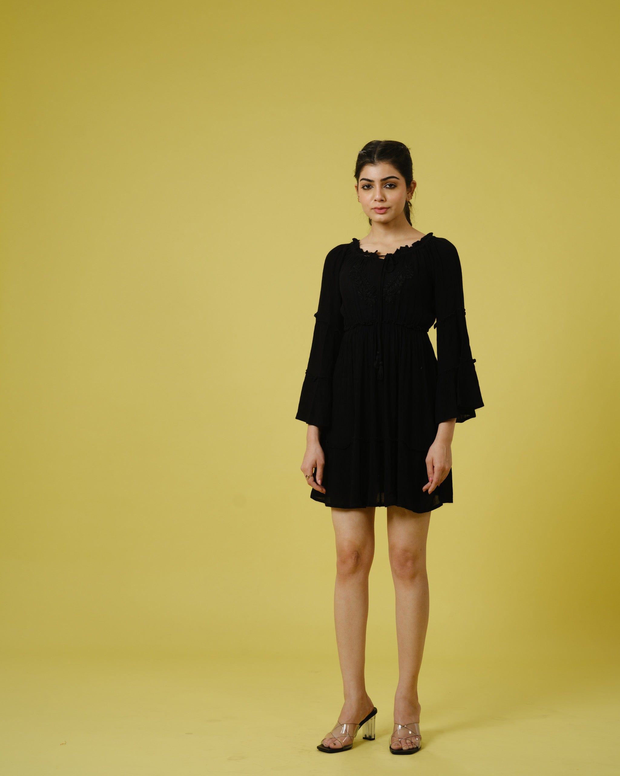 Black Full Sleeves Chiffon Tone on Embroidery Mid thigh Dress