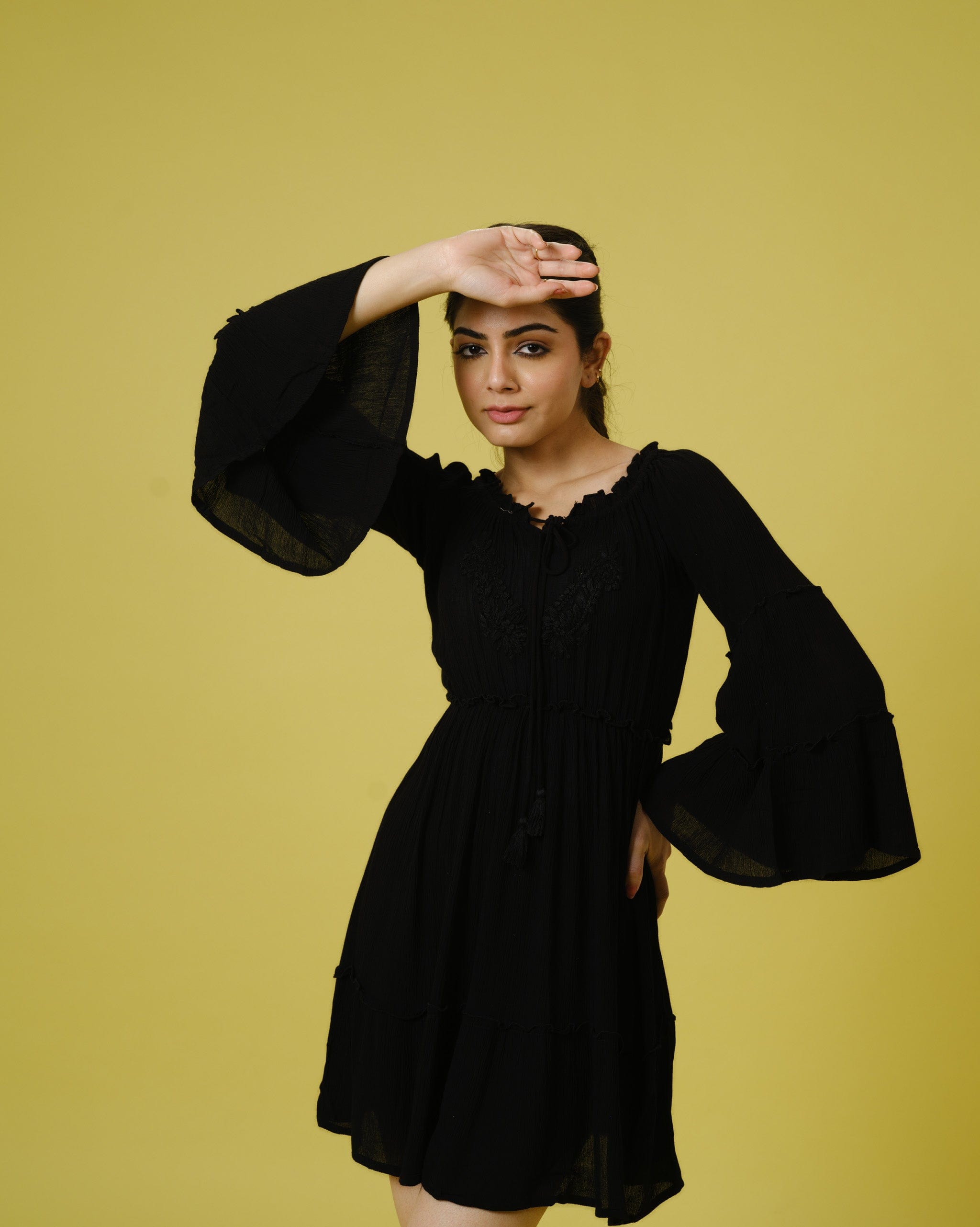 Black Full Sleeves Chiffon Tone on Embroidery Mid thigh Dress
