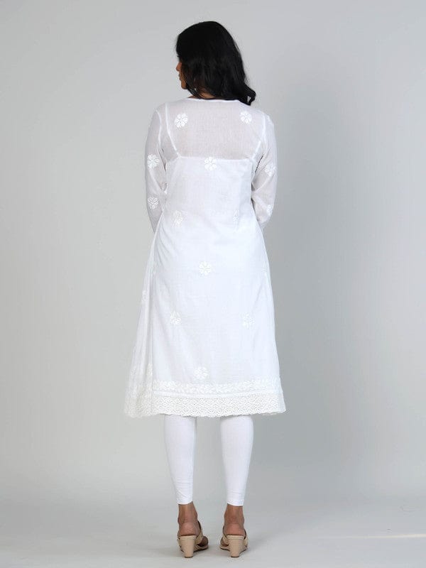 White 3/4th Sleeves Cotton Tone-on-tone thread work with lace fabric hemline Knee Length Kurta