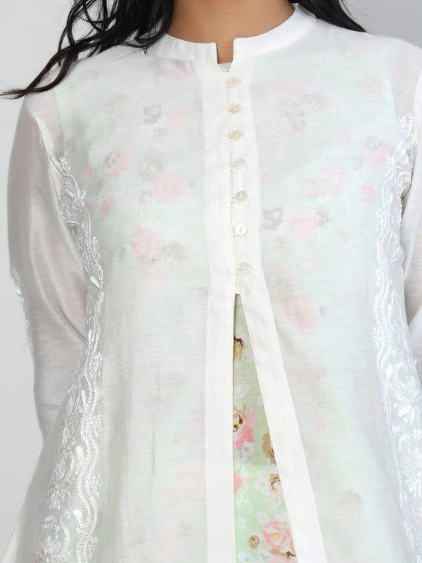 Ivory Full sleeves Chanderi chikankari, Floral Calf length Kurta