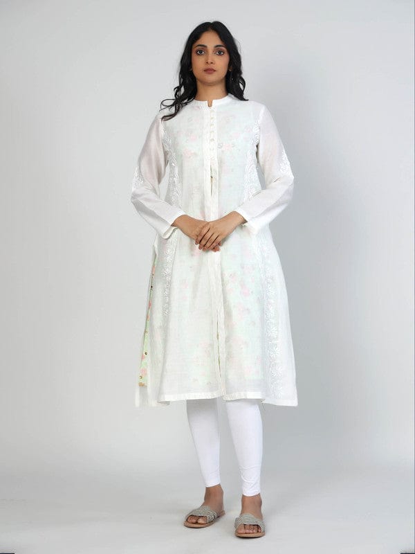 Ivory Full sleeves Chanderi chikankari, Floral Calf length Kurta