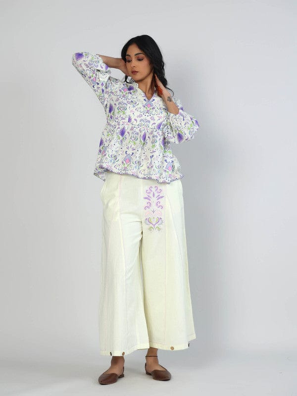 Purple 3/4th Sleeves Cotton Flex Floral Hip length Co-Ords