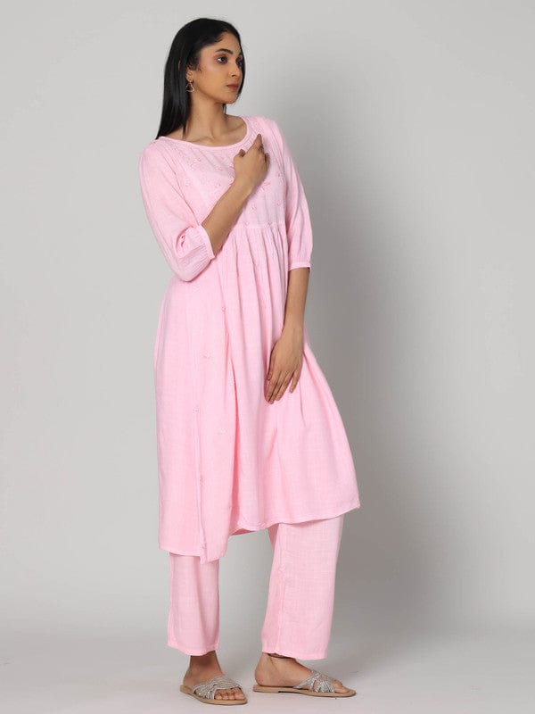 Pastel Pink 3/4th Sleeves Lenin Thread work Calf length Kurta Set - Without Dupatta