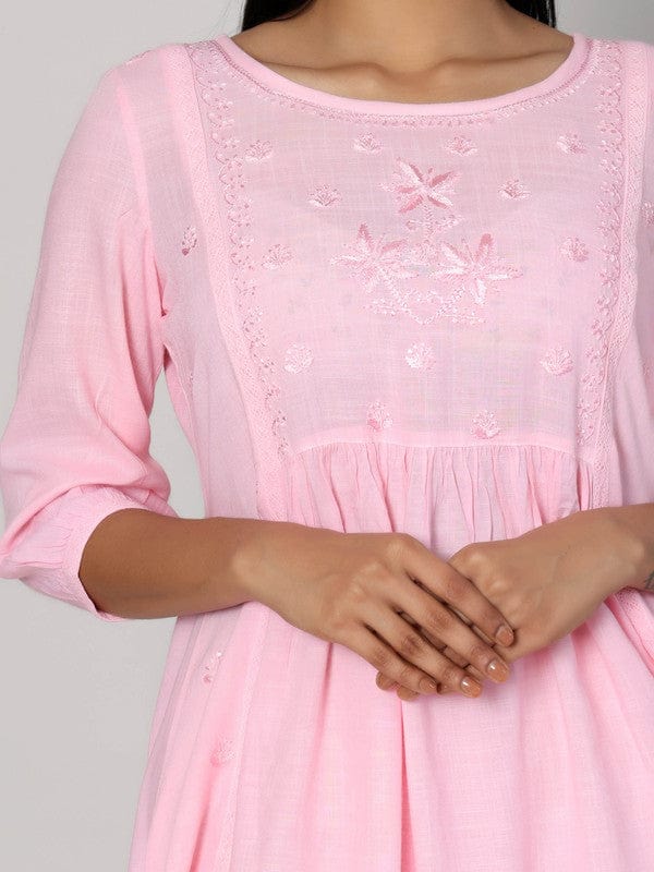 Pastel Pink 3/4th Sleeves Lenin Thread work Calf length Kurta Set - Without Dupatta