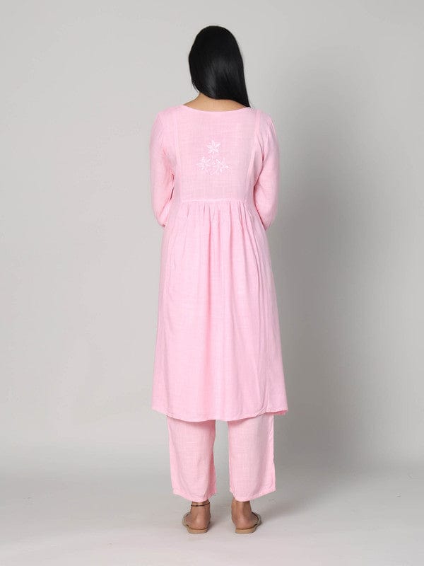 Pastel Pink 3/4th Sleeves Lenin Thread work Calf length Kurta Set - Without Dupatta