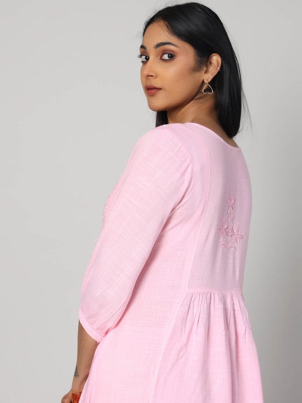 Pastel Pink 3/4th Sleeves Lenin Thread work Calf length Kurta Set - Without Dupatta
