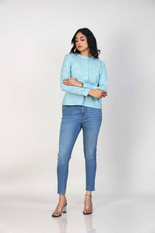 Aegean Green Full sleeves Cotton Thread work at neck placket Hip length Top