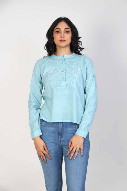 Aegean Green Full sleeves Cotton Thread work at neck placket Hip length Top