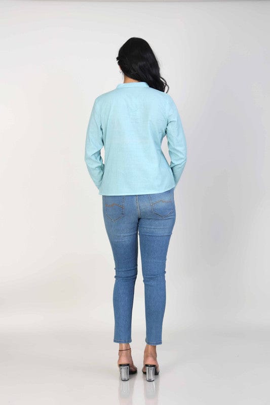 Aegean Green Full sleeves Cotton Thread work at neck placket Hip length Top