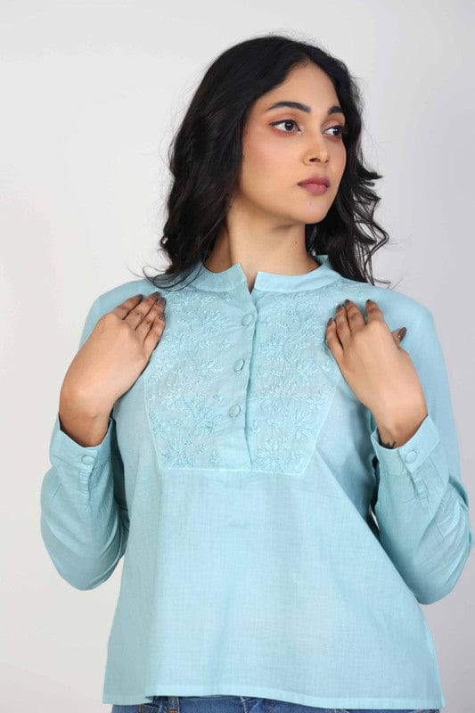 Aegean Green Full sleeves Cotton Thread work at neck placket Hip length Top