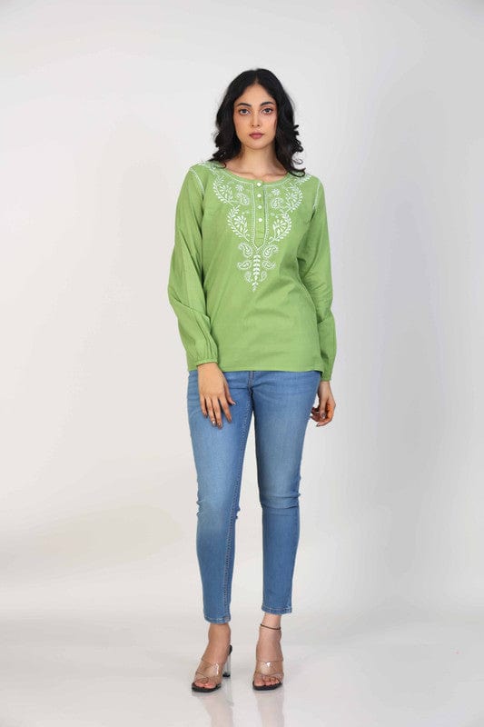 Green Full sleeves Cotton Thread work at neck placket Hip length Top