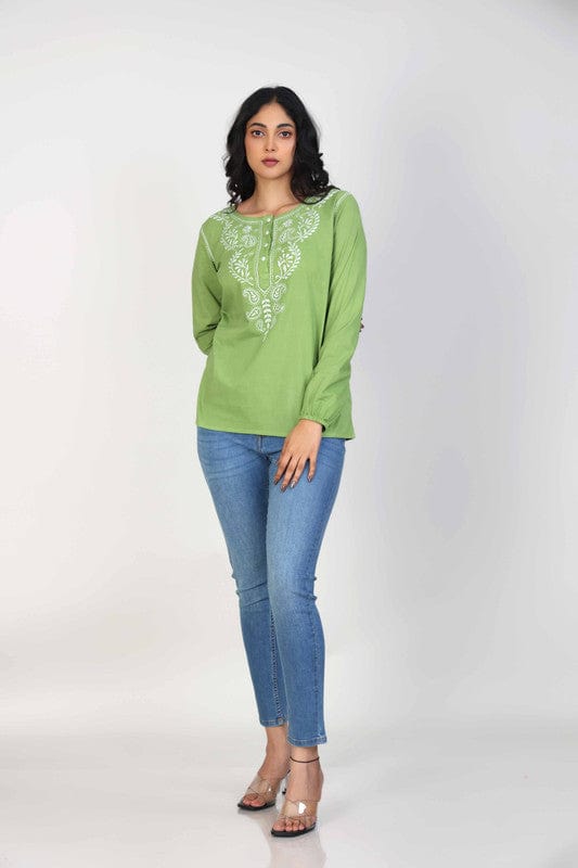 Green Full sleeves Cotton Thread work at neck placket Hip length Top
