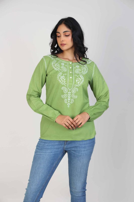 Green Full sleeves Cotton Thread work at neck placket Hip length Top