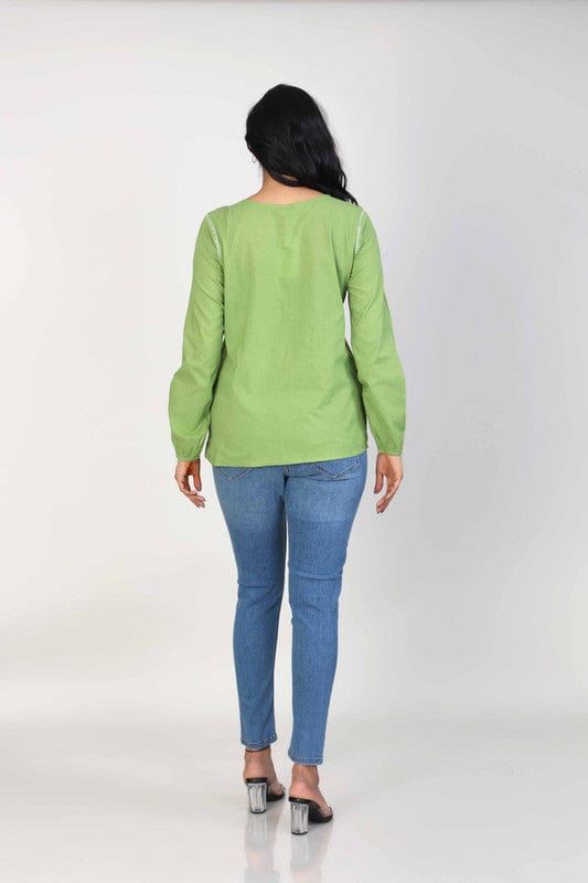 Green Full sleeves Cotton Thread work at neck placket Hip length Top