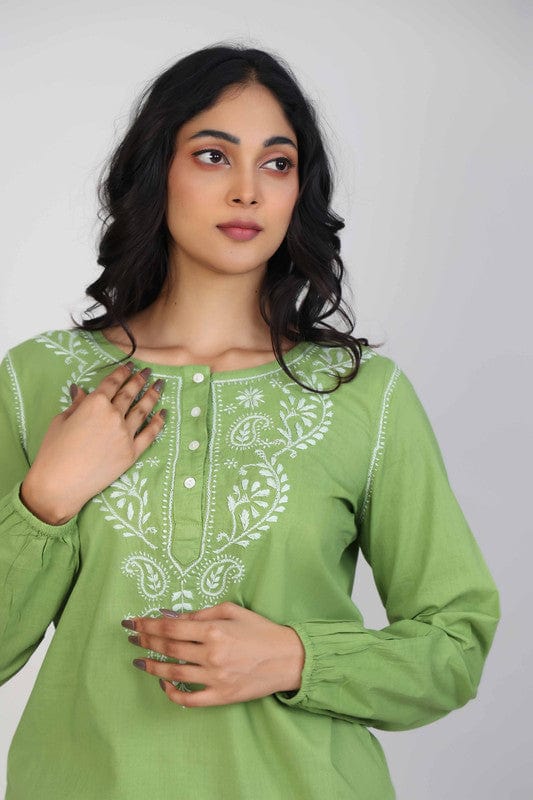 Green Full sleeves Cotton Thread work at neck placket Hip length Top