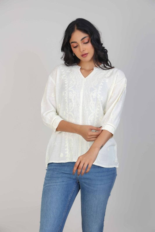 Off White 3/4th Sleeves Cotton blend Tone-on-Tone embroidery Hip length Top