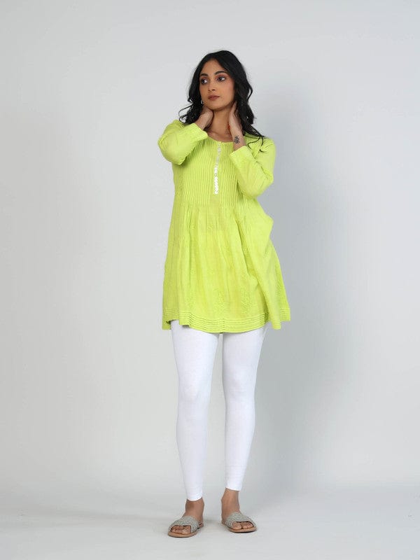 Lime Green 3/4th Sleeves Slub cotton Tone-on-Tone embroidery Hip length Top