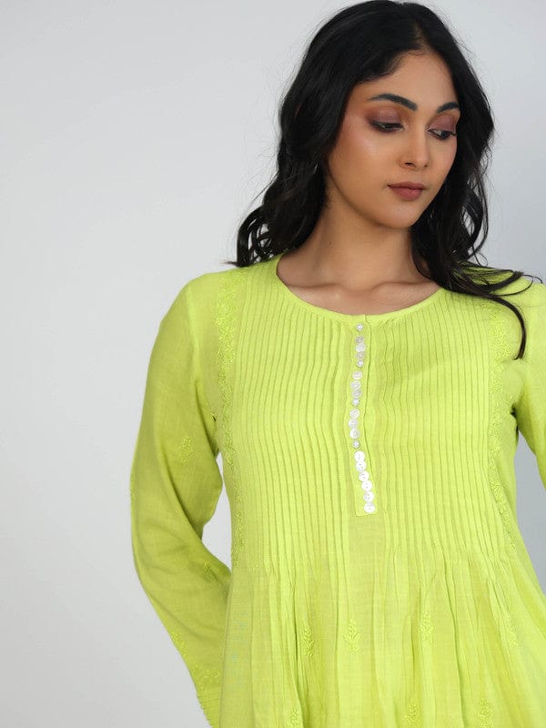 Lime Green 3/4th Sleeves Slub cotton Tone-on-Tone embroidery Hip length Top