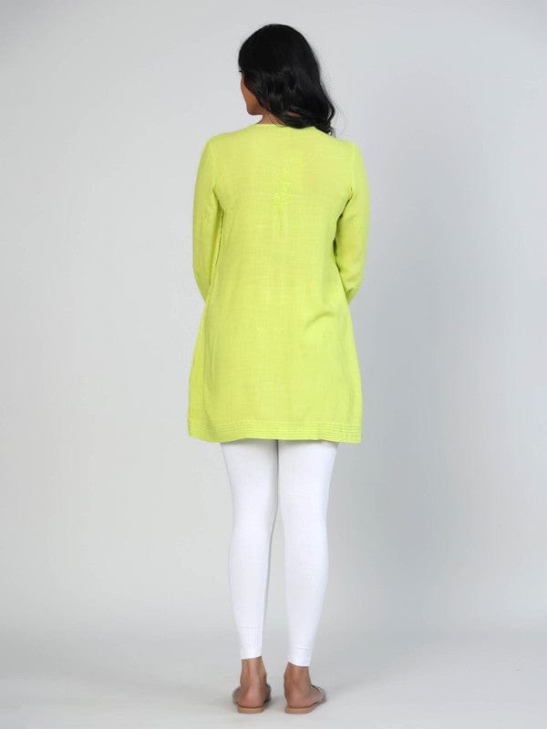 Lime Green 3/4th Sleeves Slub cotton Tone-on-Tone embroidery Hip length Top