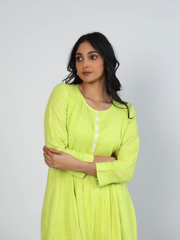 Lime Green 3/4th Sleeves Slub cotton Tone-on-Tone embroidery Hip length Top