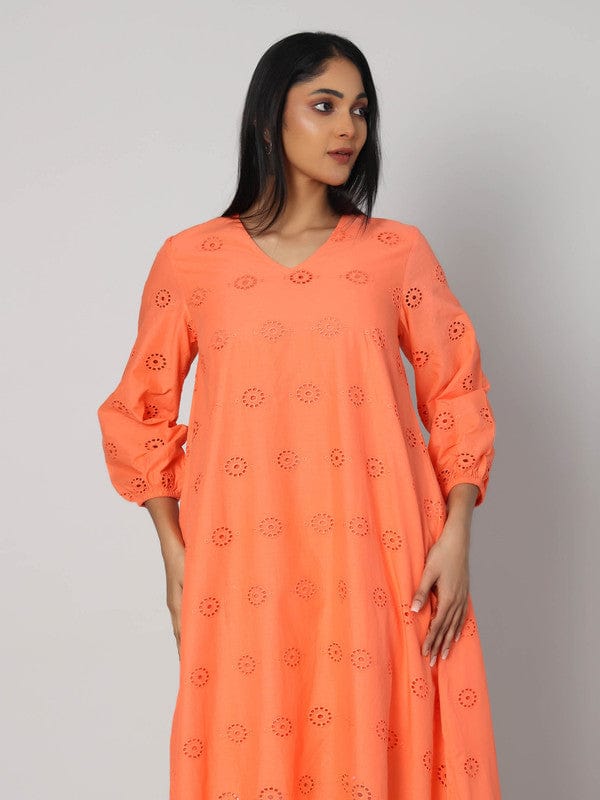 Orange 3/4th Sleeves schiffli schiffli Calf length Dress