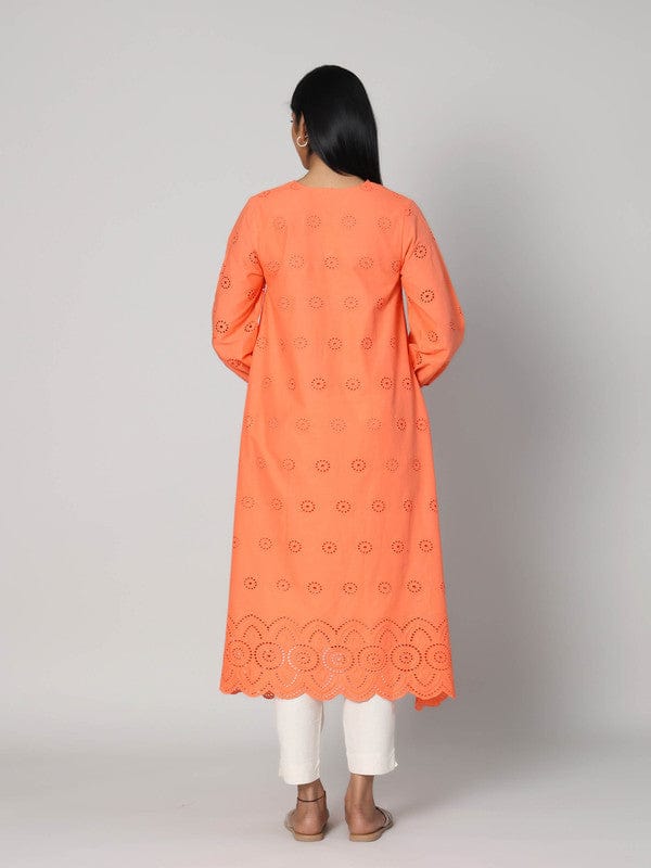Orange 3/4th Sleeves schiffli schiffli Calf length Dress