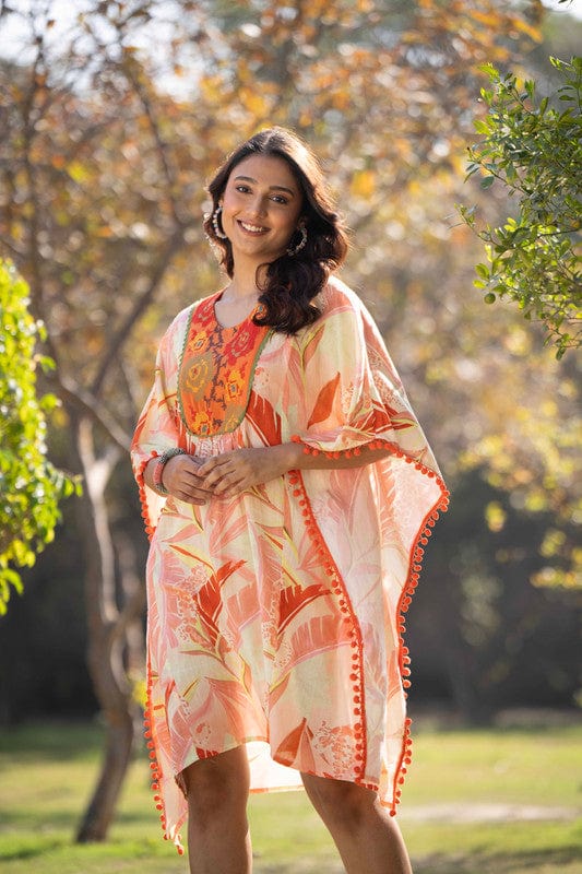 Orange 3/4th sleeves Cotton Cross stitch, Tropical print Regular Fit Above knee length Kaftan