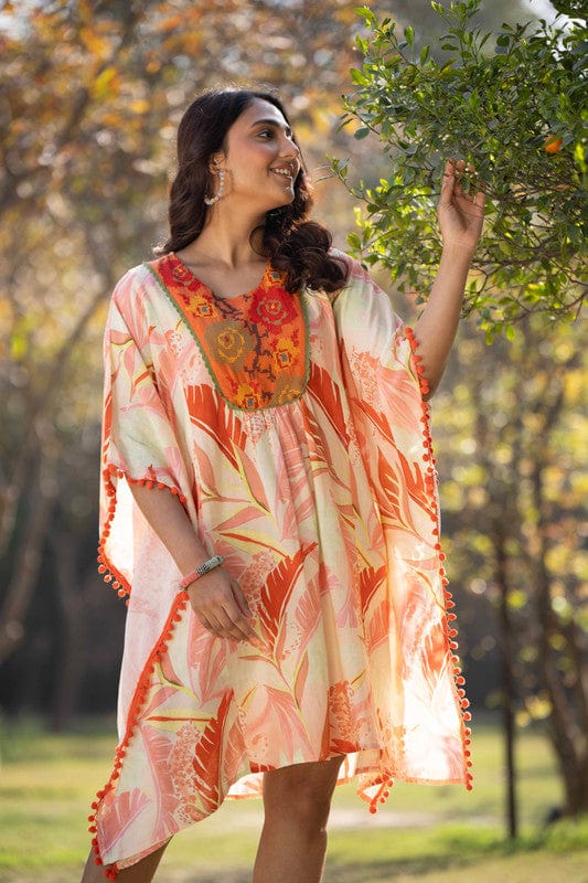 Orange 3/4th sleeves Cotton Cross stitch, Tropical print Regular Fit Above knee length Kaftan