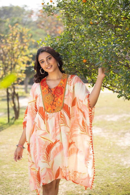 Orange 3/4th sleeves Cotton Cross stitch, Tropical print Regular Fit Above knee length Kaftan