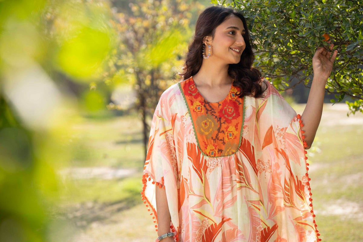 Orange 3/4th sleeves Cotton Cross stitch, Tropical print Regular Fit Above knee length Kaftan