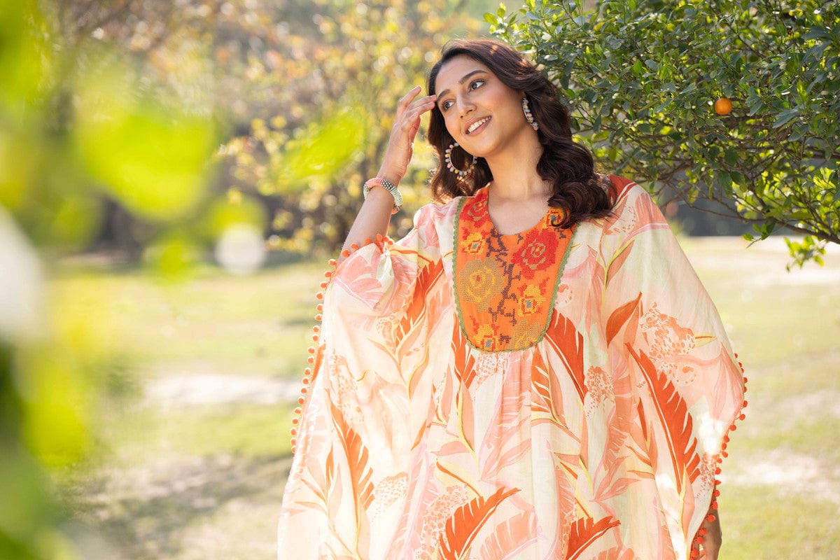 Orange 3/4th sleeves Cotton Cross stitch, Tropical print Regular Fit Above knee length Kaftan