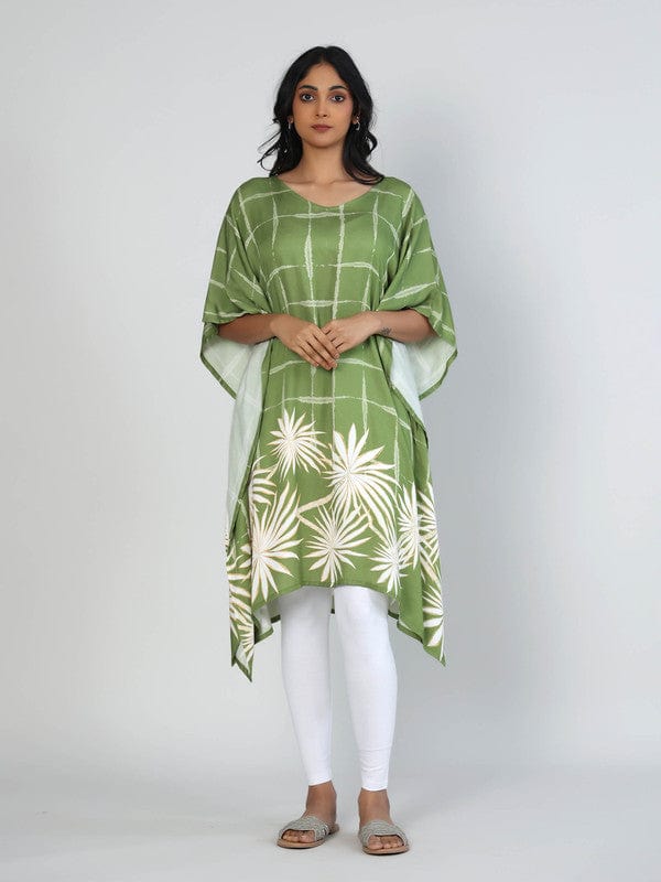 Green 3/4th Sleeves Viscose Floral and checkered Knee length Kaftan
