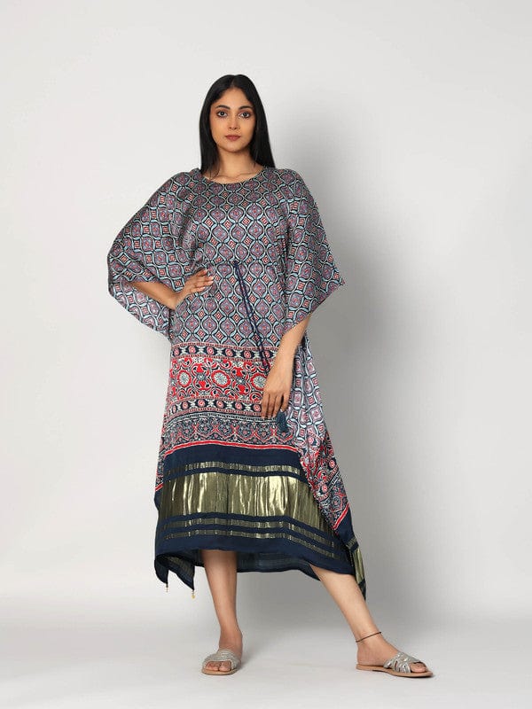 Navy 3/4th Sleeves Modal Silk All over print Calf length Kaftan