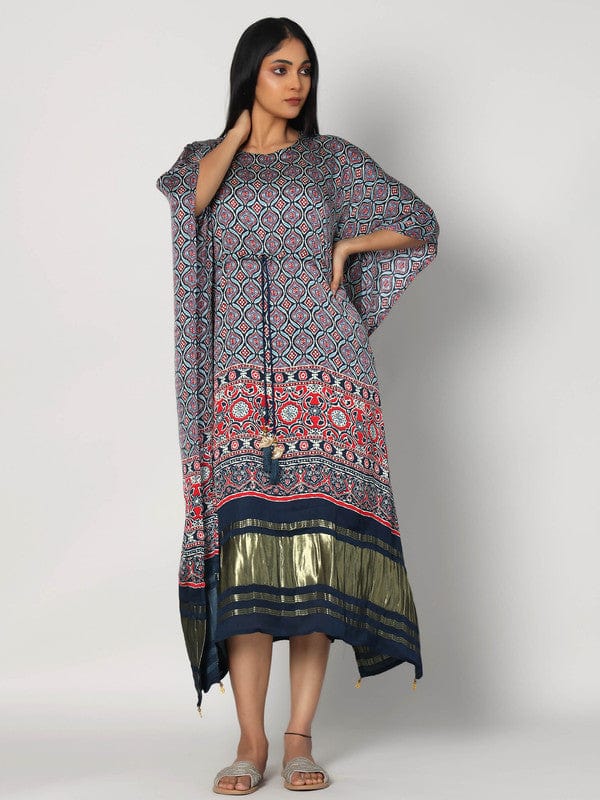 Navy 3/4th Sleeves Modal Silk All over print Calf length Kaftan