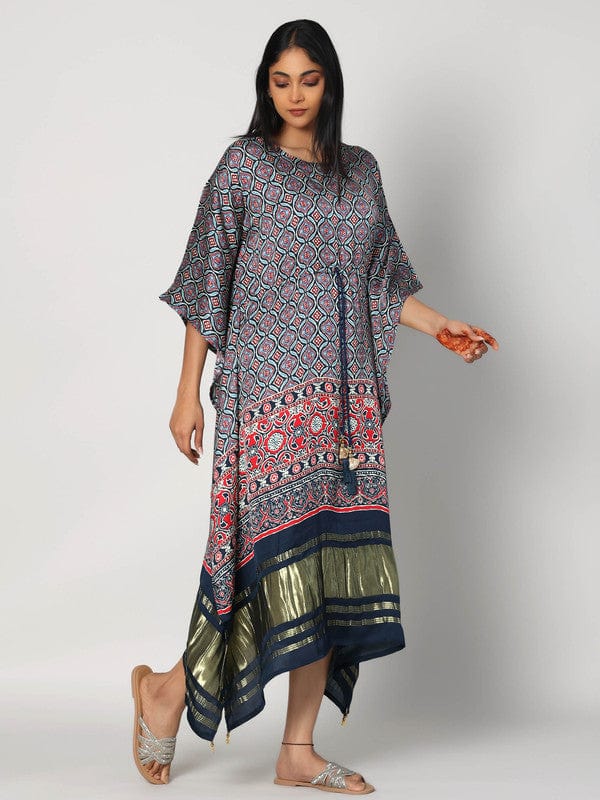 Navy 3/4th Sleeves Modal Silk All over print Calf length Kaftan