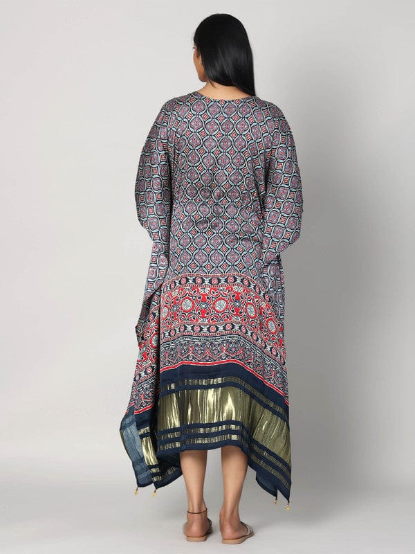 Navy 3/4th Sleeves Modal Silk All over print Calf length Kaftan
