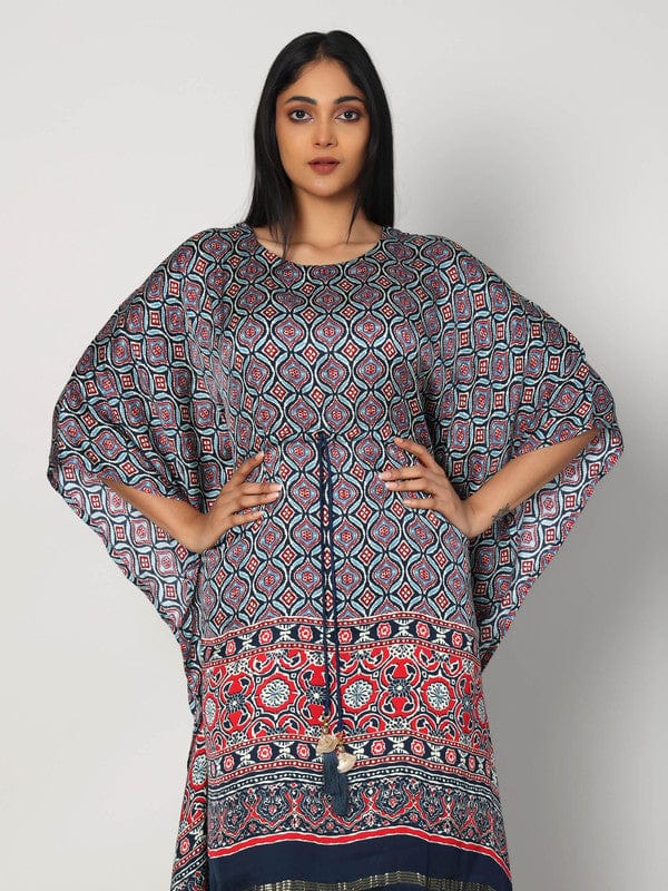 Navy 3/4th Sleeves Modal Silk All over print Calf length Kaftan