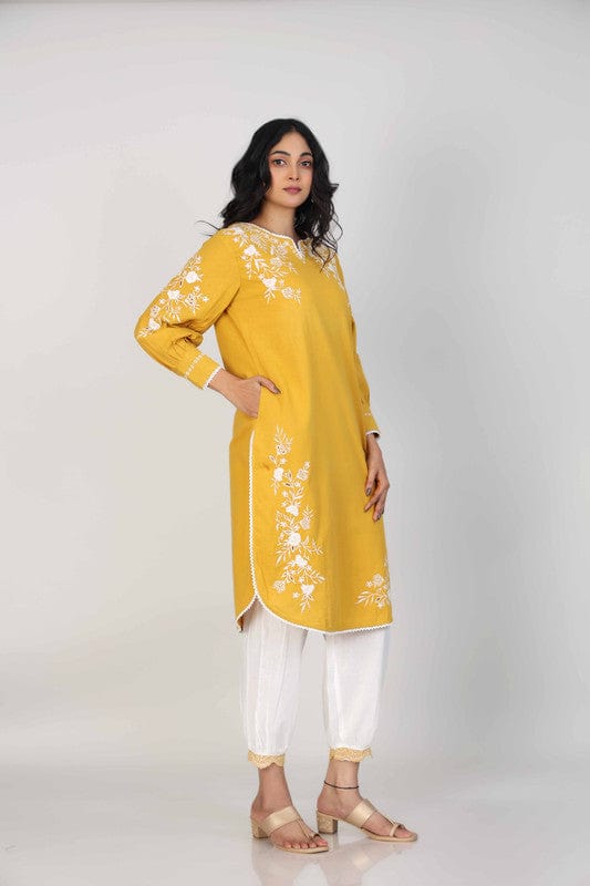 Yellow Full Sleeves Cotton Thread work Calf length Kurta Set - Without Dupatta