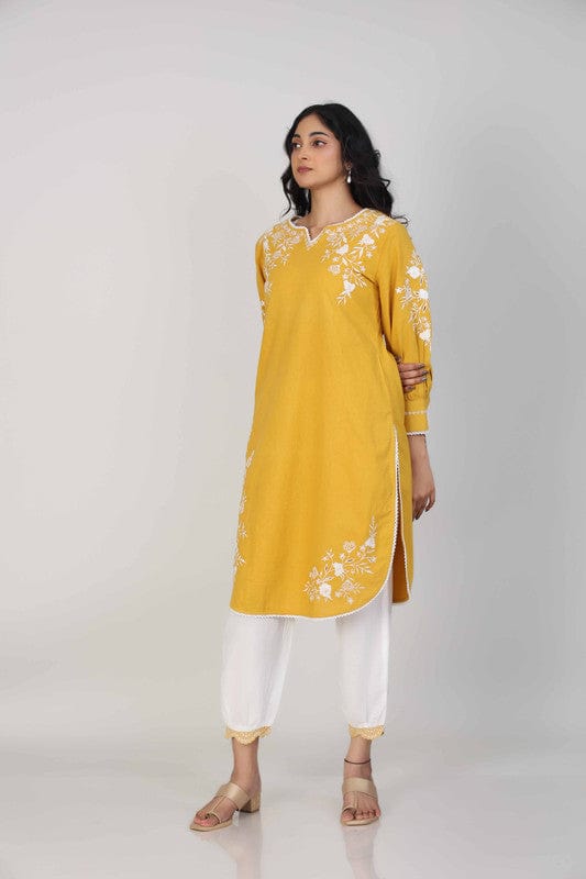 Yellow Full Sleeves Cotton Thread work Calf length Kurta Set - Without Dupatta