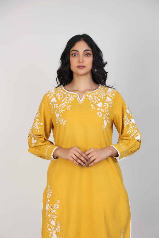 Yellow Full Sleeves Cotton Thread work Calf length Kurta Set - Without Dupatta