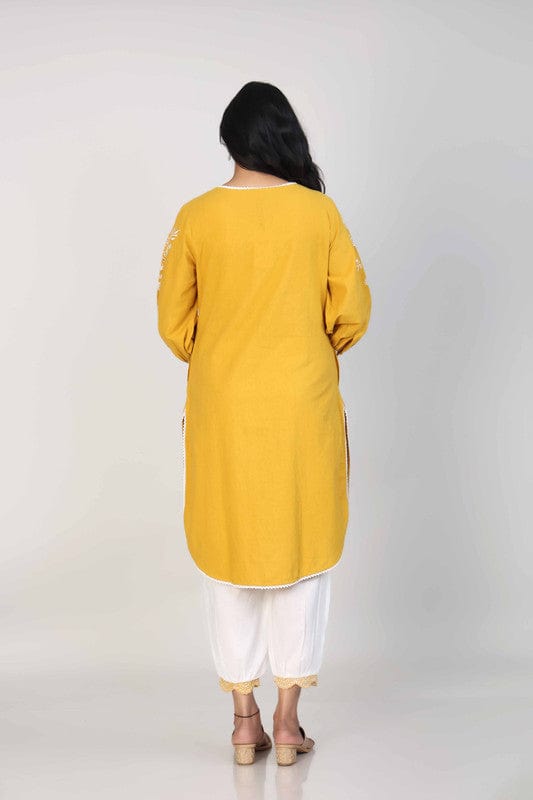Yellow Full Sleeves Cotton Thread work Calf length Kurta Set - Without Dupatta