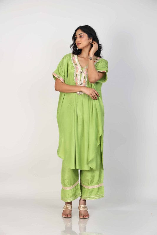 Green Elbow Sleeves Chanderi Lace attachament on neck placket Calf length Kurta Set - Without Dupatta