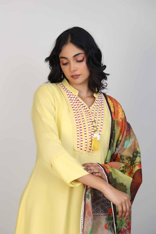 Yellow 3/4th Sleeves Cotton Lace and thread work Knee length Kurta Set - With Dupatta