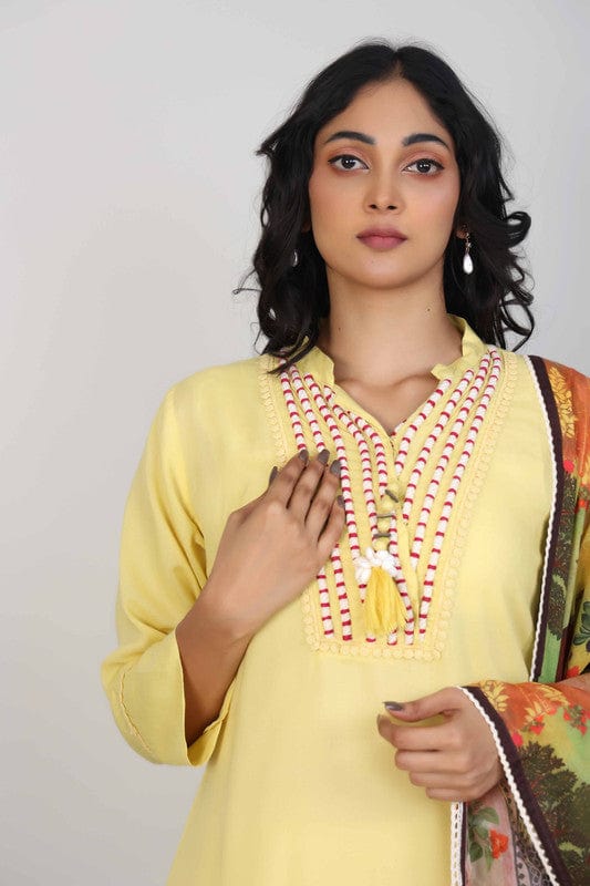 Yellow 3/4th Sleeves Cotton Lace and thread work Knee length Kurta Set - With Dupatta