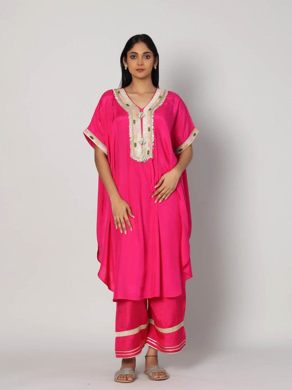 Pink Elbow Sleeves Chanderi Lace attachament on neck placket Calf length Kurta Set - Without Dupatta